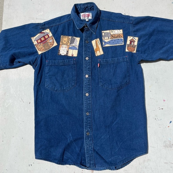 Men's Vintage Cosmo Denim Shirt Blue Patches M Chore Ranch Classic Art Taiwan - Picture 1 of 14